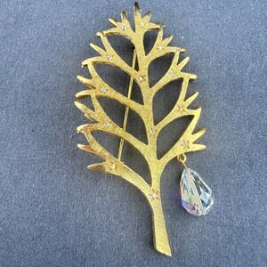 Vintage Signed MYLU Christmas Tree Brooch 1960s Florentine AB Crystal Dangle